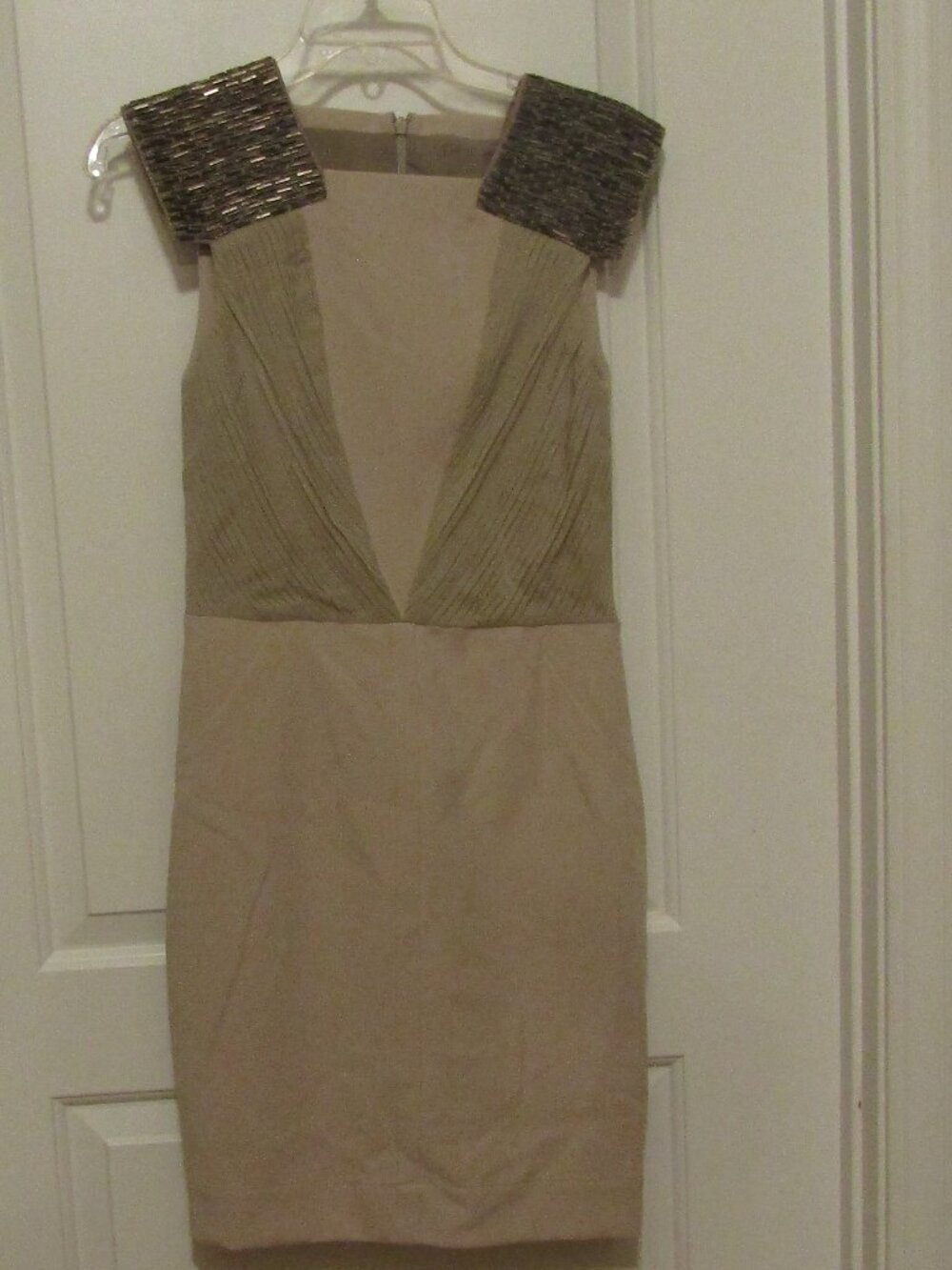YIGAL AZROUEL Beige Beaded Shoulder Cocktail Sheath DRESS SZ 6